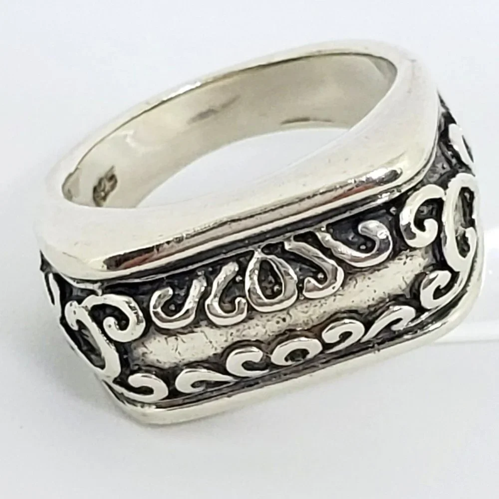 Rectangle Front Delicate Scroll Work Statement Sterling Silver Ring Unisex